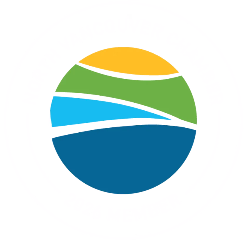 Circular logo with blue, green, yellow, and teal wave shapes. Text around reads "North Vancouver Chamber 2026 Member.